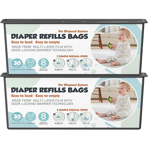 Diaper Pail Refills Bags with 30 Bags Compatible with Genie Easy Roll Signature and Platinum Diaper Pails, 7-Layer Odor-Barrier Technology, 2 Pack (60 Bags)