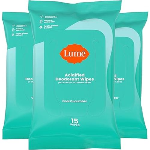 Lume Acidified Deodorant Wipes - 24 Hour Odor Control - Aluminum Free, Baking Soda Free, Skin Loving - 15 Count (Pack of 3) (Cool Cucumber)