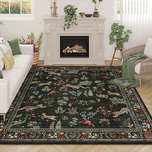 Living Room Rug 5x7 Rug Machine Washable Boho Area Rug Non Slip Floral Animal Vintage Low Pile Large Rugs for Living Room, Bedroom, Farmhouse, Dining Room, Kids Playroom (Green)