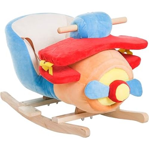Qaba Kids Wooden Plush Ride-On Rocking Plane Chair Toy for Toddler Boy&Girl with Nursery Rhyme