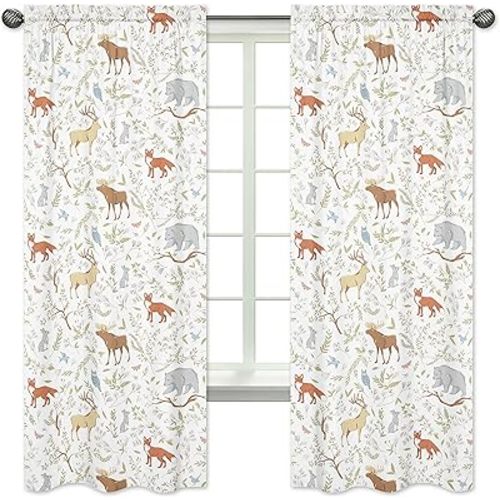 Sweet Jojo Designs Blue, Grey and White Woodland Deer Fox Bear Animal Toile Girl or Boy Bedroom Decor Window Treatment Panels - Set of 2