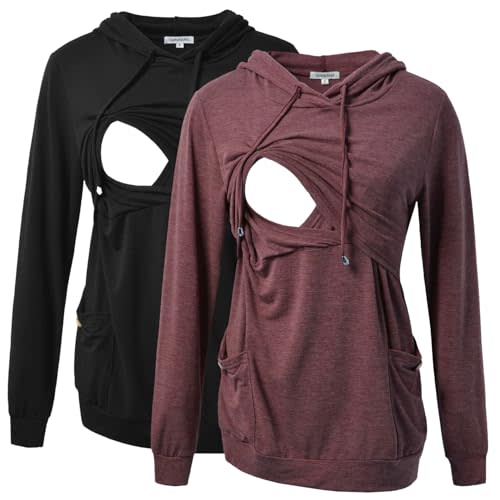 GINKANA Womens Nursing Hoodie Top Sweatshirt Long Sleeve Button Decoration Pockets Shirts Tunic Top