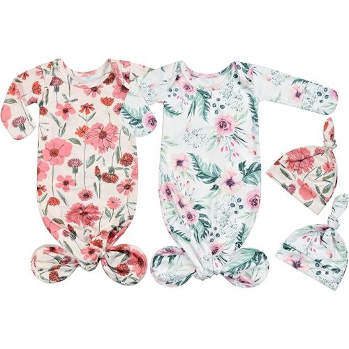 Newborn Baby Boy Long Sleeve Sleeper Gown with Mittens Knotted Gown Coming Home Outfit Nightgown Hat Set 2 Pieces - 0-3 Months - Pink and Red