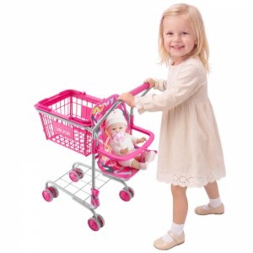 VEVOR Shopping Cart for Kids, Sturdy Metal Frame, Toy Shopping Cart with Baby Doll, 4 Rolling Wheels, Doll Seat Carrier, Grocery Pretend Play Toy Trolley, Folds for Easy Storage, for Toddlers Ages 3+