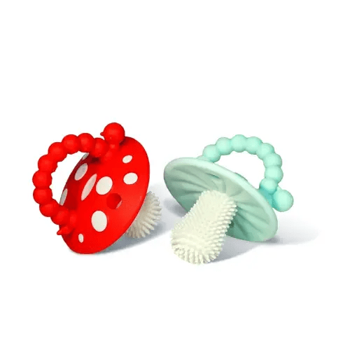 RaZbaby Chompy Teether – Soft Silicone Teething Toy for Infants & Babies 3M+, Massaging Bristles for Teething Relief, Hands-Free & Easy to Hold, Sensory Development, BPA-Free - Great Gift - Red/Blue