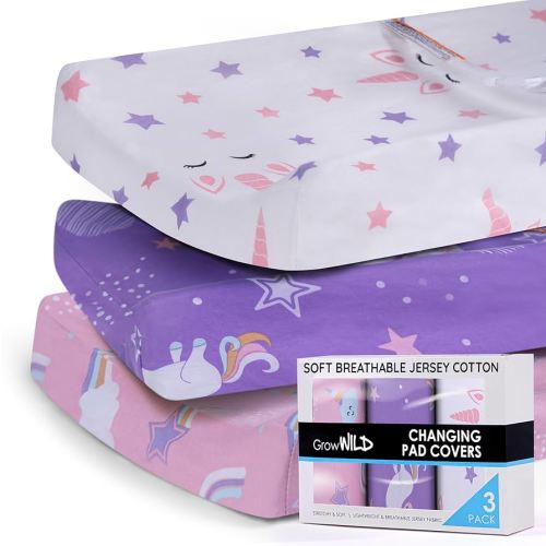 GROW WILD Changing Pad Cover 3 Pack | Soft & Stretchy Jersey Cotton | Baby Changing Table Pad Cover | Diaper Changing Pad Covers for Girls and Boys (Rainbows & Unicorn)