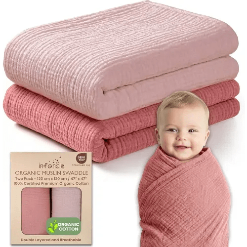 100% Organic Cotton Muslin Baby Blanket - 47 x 47 Inch Breathable Muslin Baby Girl Blanket, Hypoallergenic Double-Layer, Soft and Cozy Newborn Baby Blanket for Everyday Use (Rose/Peach)