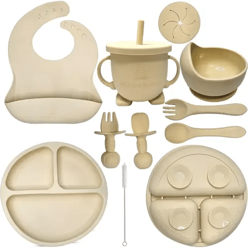 Baby Led Weaning Supplies | 10 Piece Silicone Feeding Set | Baby Toddler Bib Cup Divided Plate and Bowl Self Feeding Spoons Dish Set | Baby Utensils | Toddler Feeding Supplies (Cream)