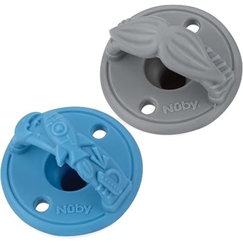 Nuby 3-D Sili Soother Pacifiers with Soft Handle and Two Safety Air Holes, 2 Pack, 0+ Months, Blue Spaceship and Gray Mustache