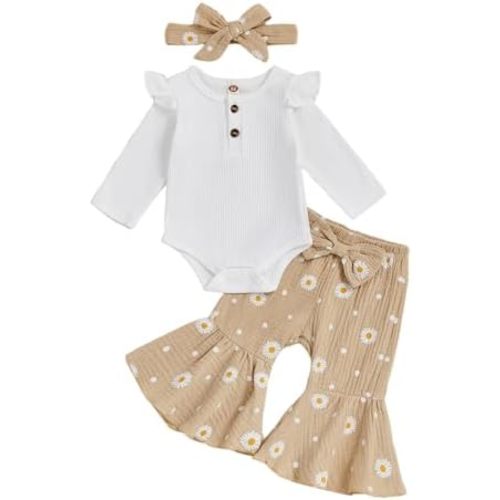 Newborn Baby Girl Fall Clothes Ruffle Romper Long Sleeve Onesie Daisy Print Flared Pants Set Headband Clothes Set