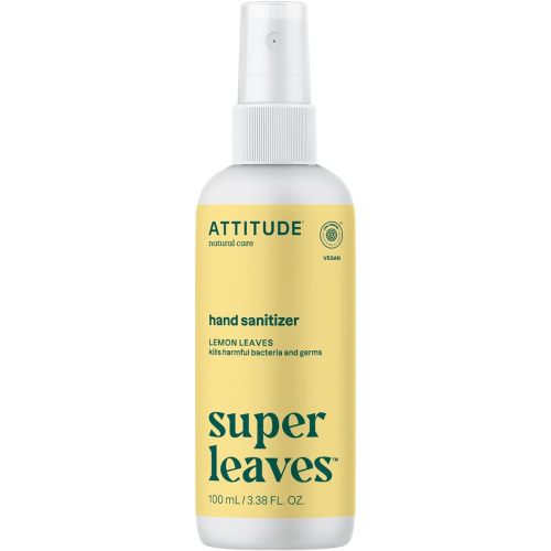 ATTITUDE Hand Sanitizer Spray for Adults and Kids, EWG Verified, Kills Bacteria and Germs, Vegan, Lemon Leaves, 3.38 Fl Oz (Spray Bottle)