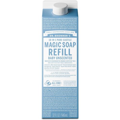 Dr. Bronner's Pure-Castile Liquid Soap Refill - Made with Regenerative Organic Certified Oils, 86% Less Plastic - 18-in-1 Uses, For Face, Body Wash, Hand Soap Refill & More - Baby Unscented, 32oz
