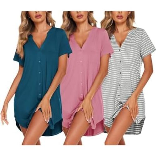 Ekouaer 3 Pack Nightgowns Women Button Down Sleep Shirts V Neck Night Shirts Night Gowns