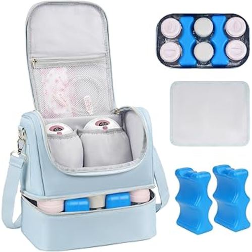 Wearable Breast Pump Bag with Cooler Compartment Fits for Willow/Elvie/Momcozy M5/S12 Pro/Medela, Breast Milk Travel Tote Bag with Ice Pack & Waterproof Mat,Blue