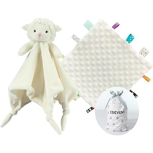 CREVENT Cozy Plush Baby Security Blanket Loveys for Baby Girls Boys, for Newborns (Ivory Sheep + Tag)