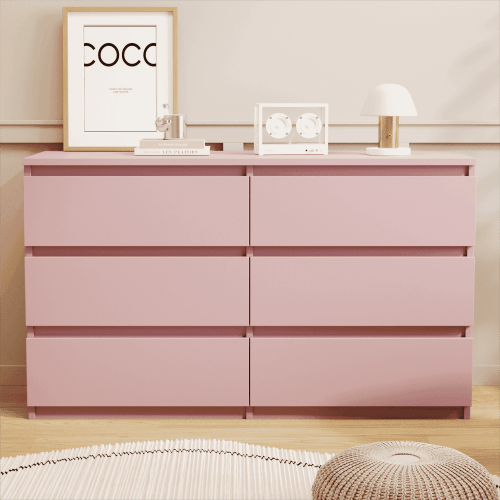 Resenkos Modern Mid Century 6 Drawer Wide Dressers Chests for Bedroom, Chest of Drawer Organizer Pink