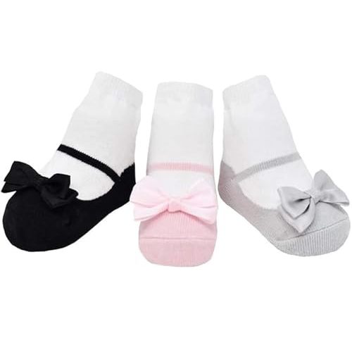 Baby Girl Socks with Mary Jane or Sneaker Shoe Look - Non-slip Gripper Soles - 3 or 6 Pairs - Soft Cotton