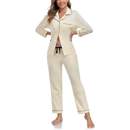 COLORFULLEAF Women's 100% Cotton Long Sleeve Pajama Sets Button Down Notched Collar Sleepwear Soft Lounge Pjs with Pockets
