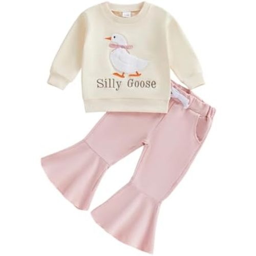 Silly Goose Baby Girl Outfit Embroidery Sweatshirt Flare Pants First Birthday Bell Bottoms Cute Toddler Fall Clothes