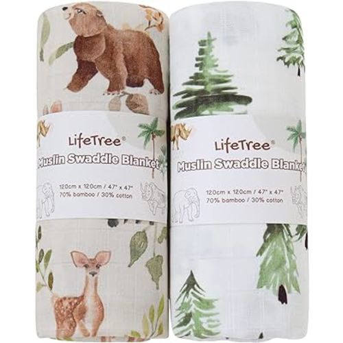 LifeTree Muslin Swaddle Blankets Neutral, Woodland Baby Swaddling Wrap Nursery Receiving Blanket for Boys & Girls Unisex, Soft 70% Viscose from Bamboo and 30% Cotton, Large 47 x 47 inches