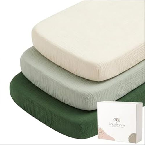 MairMore 3 Pack Muslin Fitted Bassinet Sheets for Babies, Soft & Breathable 100% Cotton Bedside Sleeper Bassinet Sheet, Moses Basket Oval Rectangle Pad/Mattress (Grass Green)