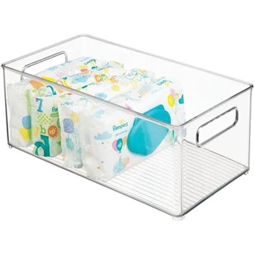 mDesign Deep Plastic Storage Organizer Container Bin, Baby Organization for Nursery, Cupboard, Playroom, Shelves, and Closet - Holds Snacks, Food, Formula, Diapers, Ligne Collection, Clear