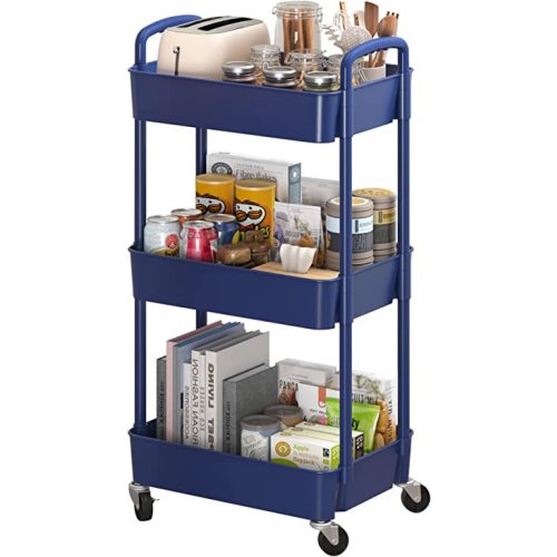 Sywhitta 3-Tier Plastic Rolling Utility Cart with Handle, Multi-Functional Storage Trolley for Office, Living Room, Kitchen, Movable Storage Organizer with Wheels, Blue