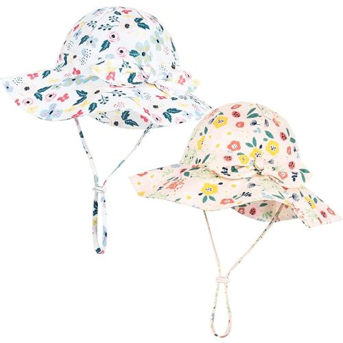 Baby Girl Sun Hat with UPF 50+ Outdoor Adjustable Beach Hat with Wide Brim Bucket Hats - 0-6 Months - Pink Printing & White Printing -2pcs
