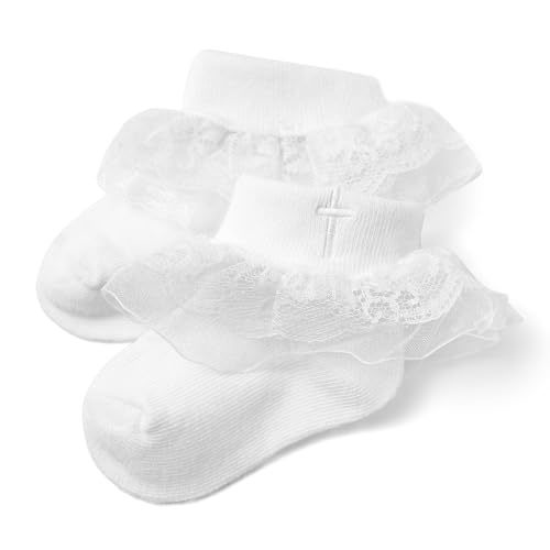 KESICI Baptism Socks for Baby Girls - White Newborn Christening Socks With Cross & Eyelet Frilly Lace