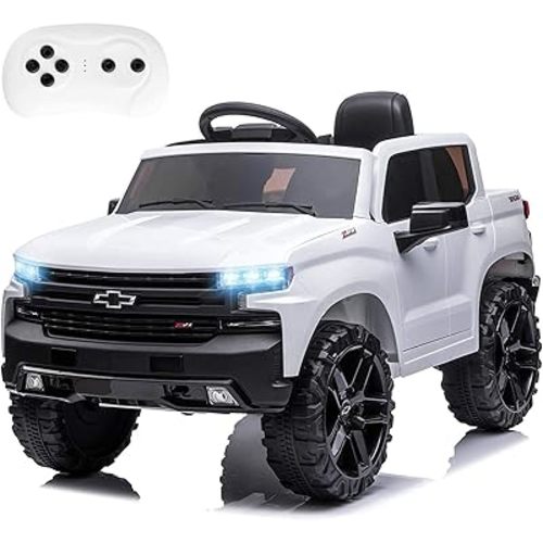 12V Kids Ride On Track Car Electric Vehicle Battery Power 4 Wheels Car with Parent Remote Control Chevy Chevrolet Silverado Pickup Toy Toddler Cars for Baby Drive Age 1-8 Year Girl Boy (White)