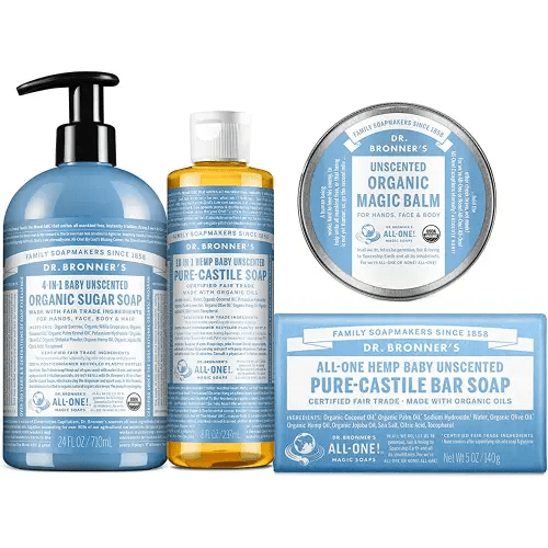 Dr. Bronner's Baby Unscented Gift Set - Pure-Castile Liquid and Bar Soaps, Organic Magic Balm, and 4-in-1 Organic Sugar Pump Soap