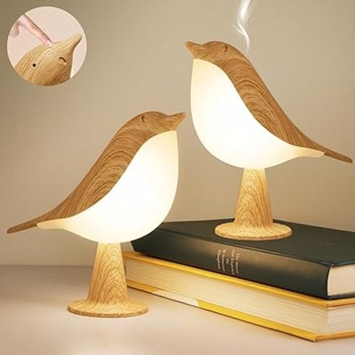 2 Cute Bird Lamps Combo,Small Bedside Lamps with 3 Color Temperature and Adjustable Brightness,Cordless Lamp for Bedroom Nightstand Bedside Table (Wood Tone)
