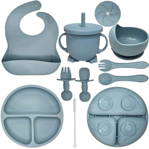 HippoBaby Baby Led Weaning Supplies | 10 Piece Silicone Feeding Set | Baby Toddler Bib Cup Divided Plate and Bowl Self Feeding Spoons Dish Set | Toddler Feeding Supplies (Sky)