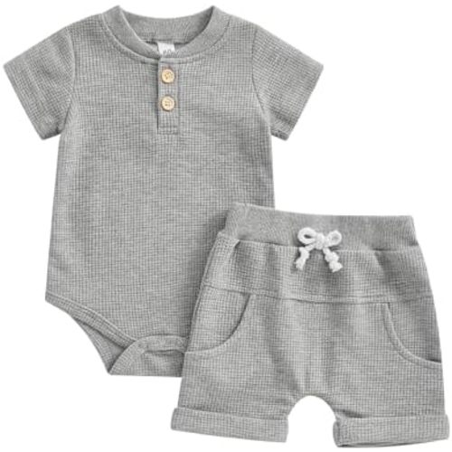 Kuriozud Newborn Baby Boy Summer Clothes Button Short Sleeve Romper Bodysuit Shorts Set Toddler Soft Waffle Outfit