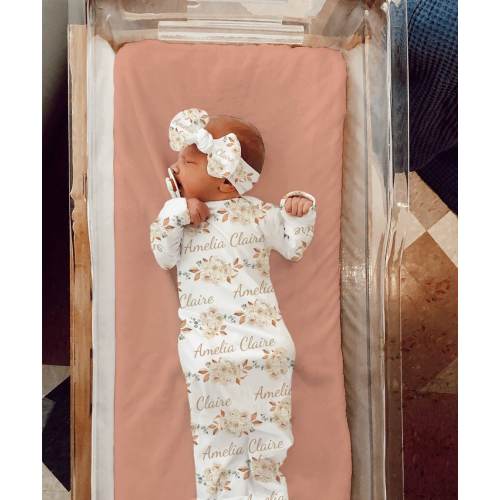 FLORAL BABY GOWN Name Announcement for Baby Name Reveal Personalized Baby Shower Gift Baby Gown For Hospital Going Home Outfit Knotted Hat