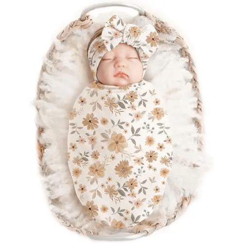 Konssy Baby Girl Newborn Receiving Blanket with Headband Set Baby Swaddle Nursery Swaddle Wrap