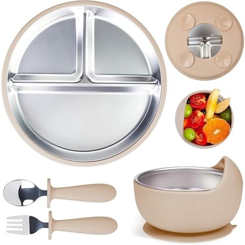 MOMERA Stainless Steel Baby Plate & Bowl Set with Suction | Divided Toddler Feeding Set | Durable, BPA-Free, Easy to Clean | Baby Tableware for Self-Feeding
