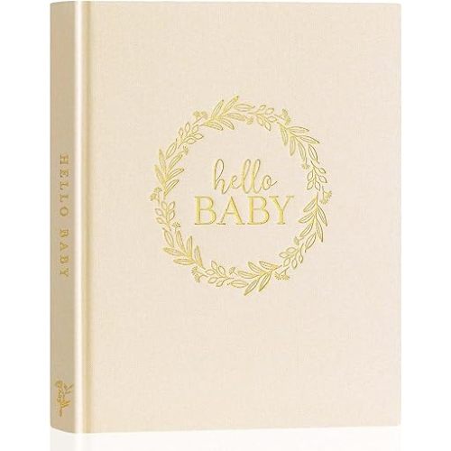 Lanpn Hello Baby Memory Book for Boy Girl - Linen Cover Baby Book Memories Keepsake for New Parents - Newborn Baby First 5 Year Journal Scrapbook Photo Album Baby Milestone Book (Beige, 154 Pages)