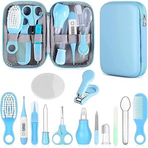 Baby Grooming Kit, Infant Safety Care Set with Hair Brush Comb Nail Clipper Nasal Aspirator,Baby Essentials Kit for Newborn Girls Boys (Blue)