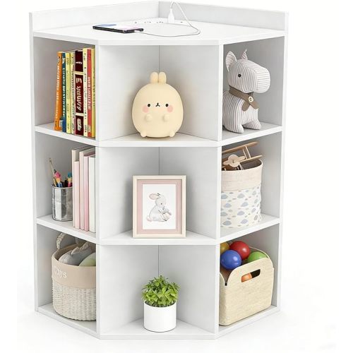 Costzon Kids Corner Cabinet with Charging Station, Wooden Cubby Bookcase with USB Ports and Outlets, 3-Tier Kids Bookshelf, 9-Cube Toy Storage Organizer for Playroom, Bedroom, Living Room (White)