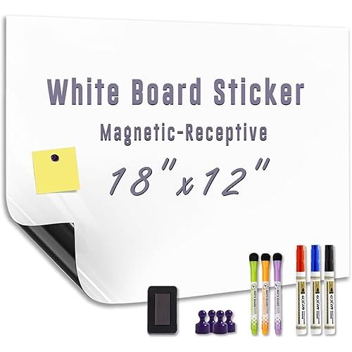 Magnetic White Board Sticker - Adhesive Backing 18'' x 12'' Dry Erase Board for Wall Whiteboard Contact Paper for Kids Office Home Include Marker Magnet Eraser