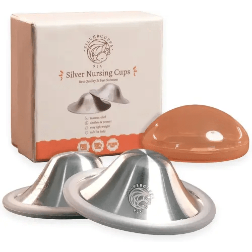 925 Silver Nipple Cups for Breastfeeding with Silicone Rings - Newborn Silver Nipple Shields, Postpartum Essentials & Nipple Covers for Nursing Mothers - X-Large