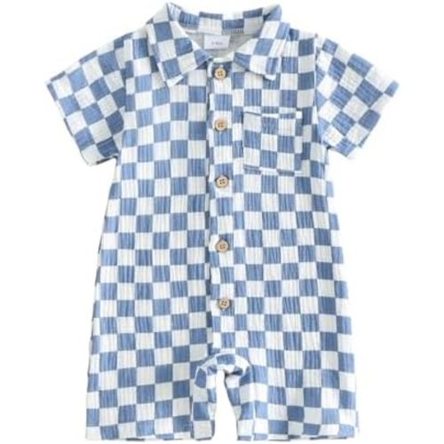 Baby Boy Vertical Striped Romper with Pockets One Piece Lapel Neck Short Sleeve Buttons Jumpsuit Spring Summer