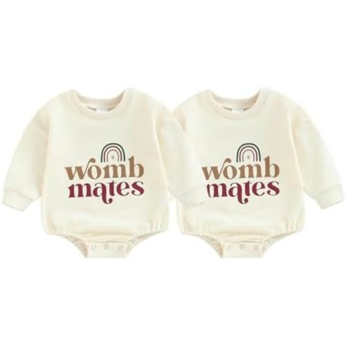 YOKJZJD Newborn Baby Girl Boy Twins Matching Outfits Womb Mates Long Sleeve Bubble Romper Bodysuit Fall Coming Home Outfit