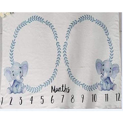 Baby Monthly Milestone Blanket Twins Neutral Blue Elephant Newborn Nursery Decor Photo Props Shoots Photography Growing Toddlers Soft Fleece Swaddle Blanket with Wreath Frames