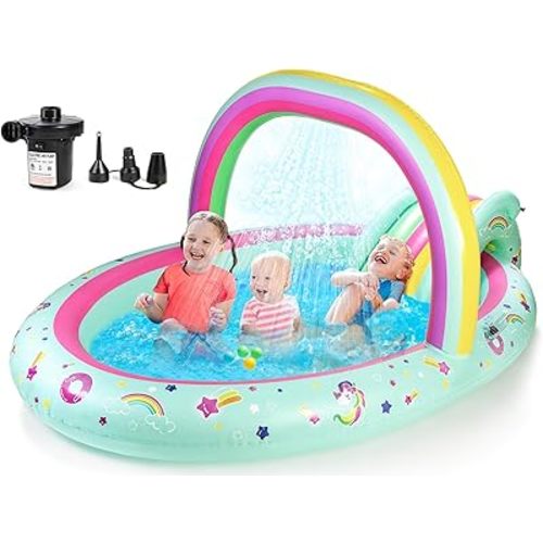 SULIFEEL Rainbow Unicorn Inflatable Play Center Kiddie Pool with Slide and Sprinkler for Children, 96''x59''x39''in Baby Pool for Backyard and Garden, Free Inflatable Pump