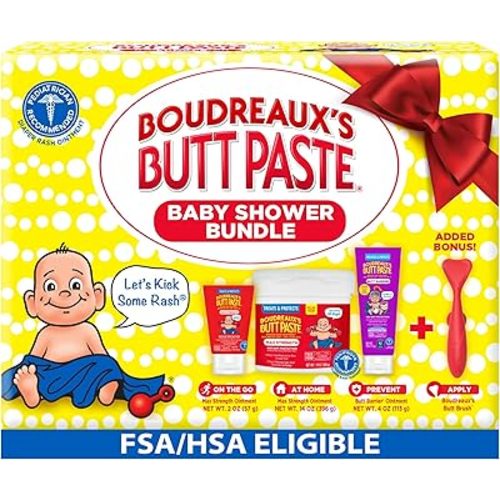 Boudreaux’s Butt Paste Baby Shower Bundle with 3 Newborn Essentials – Zinc Oxide Diaper Rash Cream (14 Oz Jar & 2 Oz Tube), Preventative Ointment (4 Oz Tube) and Silicone Applicator