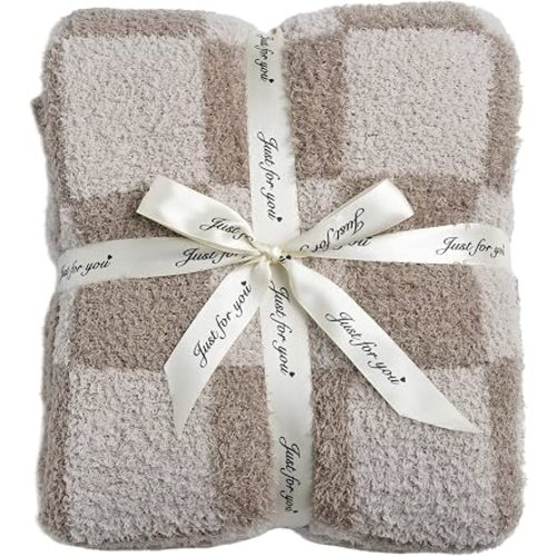 Ultra Soft Checkered Blanket Cozy Buffalo Check Throw Fluffy Knitted Reversible Throw Blanket Lightweight Fleece Checkerboard Grid Blanket for Sofa Couch Bed Travel, Linen/Warm Gray, 51''x63''