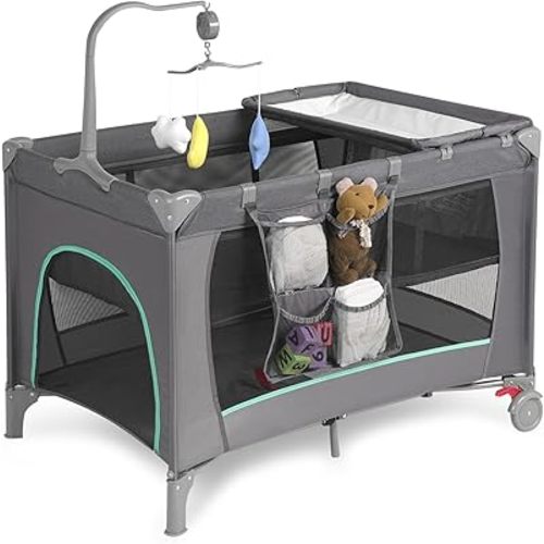 Pack and Play, Travel Crib, with Changing Table, Portable Pack and Play, with Carry Bag, Foldable, Portable Crib for Toddlers 1-3(Grey)
