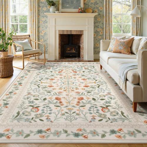 Celeste Washable Vintage Floral Beige Area Rug - Lahome